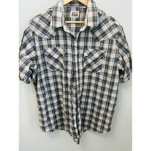 Ely Cattleman Men's XL Plaid Western Pearl Snap Shirt Short Sleeve Brown Blue